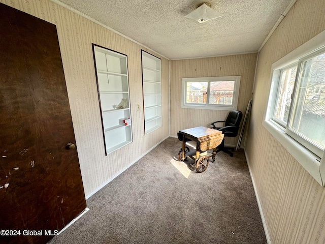 unfurnished room with crown molding, dark carpet, and a textured ceiling