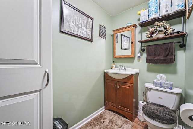 bathroom with toilet, large vanity, and wood-type flooring