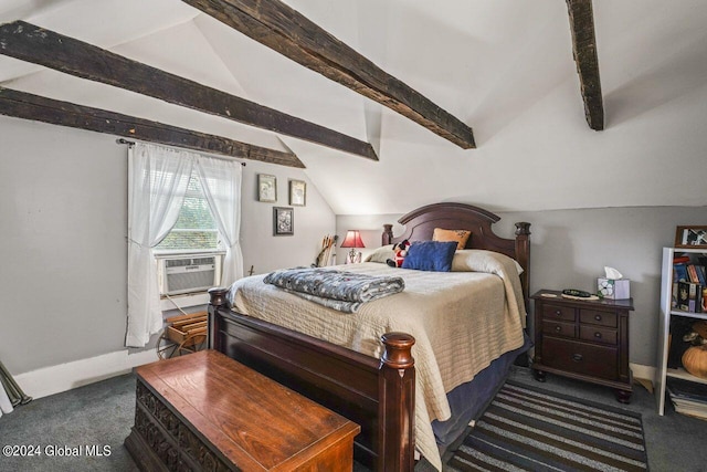 bedroom with dark carpet and lofted ceiling with beams