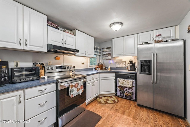 kitchen featuring light hardwood / wood-style flooring, sink, black appliances, and white cabinets