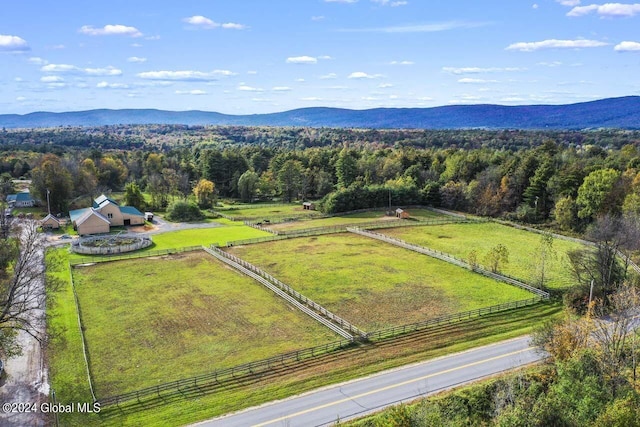 drone / aerial view featuring a rural view and a mountain view