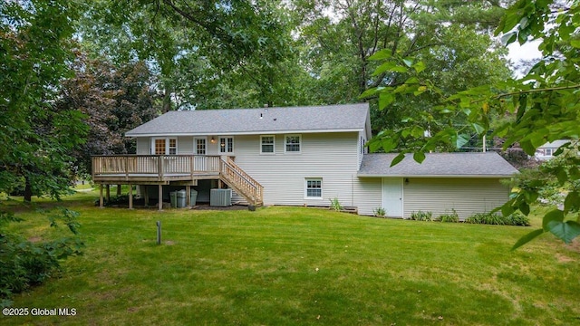 12 Lori Ln, Clifton Park, NY 12065 - back of property with a wooden deck, a yard, and stairway