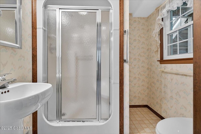 12 Lori Ln, Clifton Park, NY 12065 - full bath featuring wallpapered walls, a stall shower, and tile patterned floors