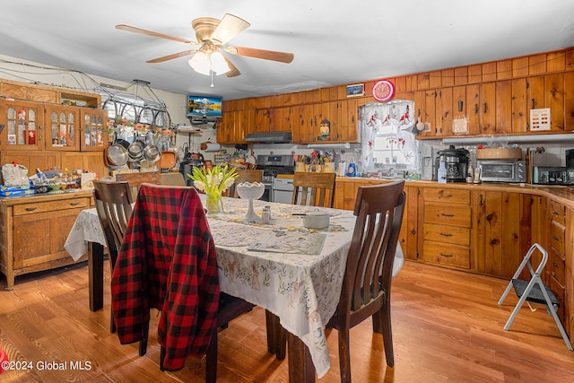 dining space with ceiling fan and light hardwood / wood-style flooring