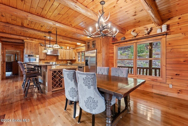 dining area with beam ceiling, a chandelier, wooden ceiling, and light wood-type flooring