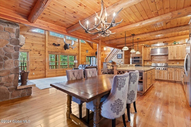 dining space with wood walls, light hardwood / wood-style flooring, beamed ceiling, and wood ceiling