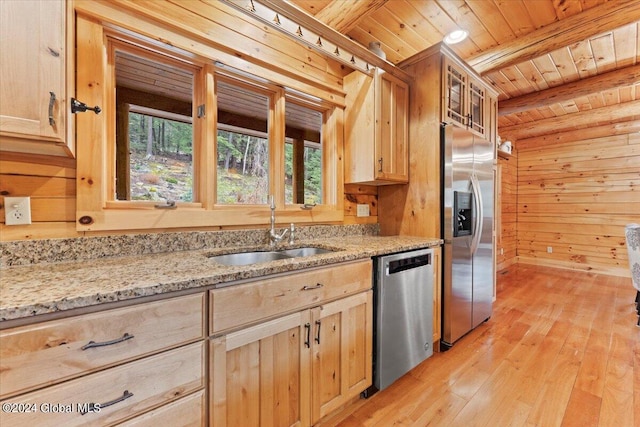 kitchen with sink, wooden ceiling, wood walls, light hardwood / wood-style floors, and appliances with stainless steel finishes