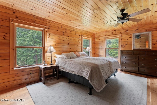 bedroom featuring light hardwood / wood-style floors, ceiling fan, wooden walls, and wood ceiling