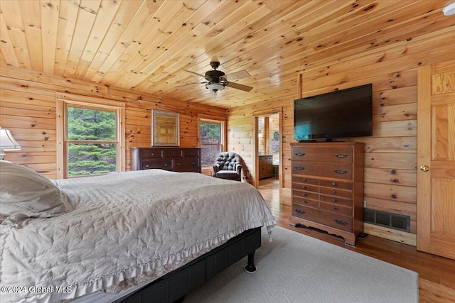 bedroom featuring ceiling fan, wooden walls, wooden ceiling, and light wood-type flooring