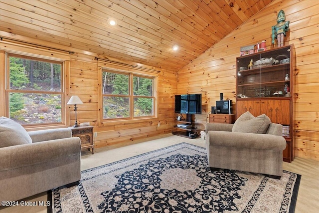 living room with light carpet, plenty of natural light, wood ceiling, and wooden walls