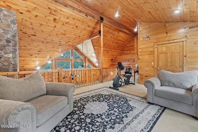 carpeted living room featuring high vaulted ceiling, wood ceiling, and wooden walls