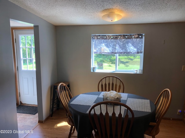 dining room featuring a textured ceiling and hardwood / wood-style floors