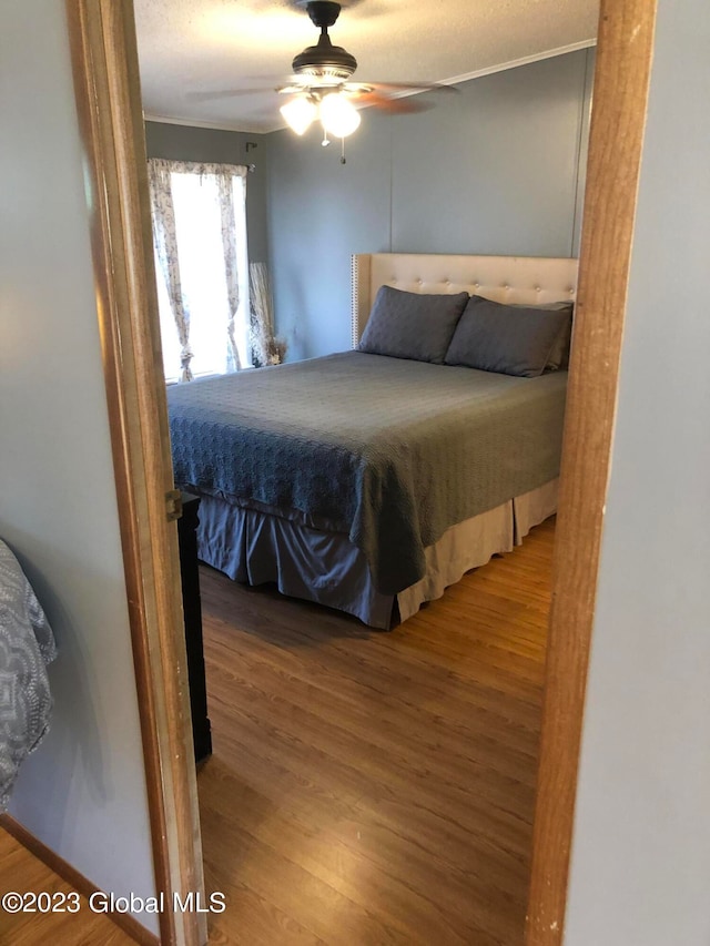 bedroom with ceiling fan and hardwood / wood-style flooring