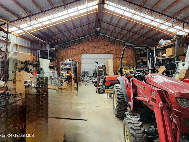 garage with a workshop area