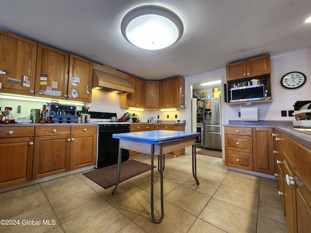 kitchen with light tile flooring, custom exhaust hood, and stainless steel appliances