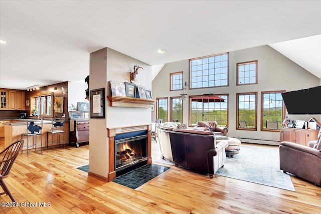 living room with a baseboard radiator and light wood-type flooring