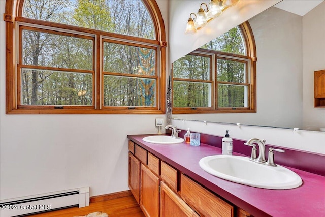 bathroom featuring vanity, hardwood / wood-style flooring, and baseboard heating