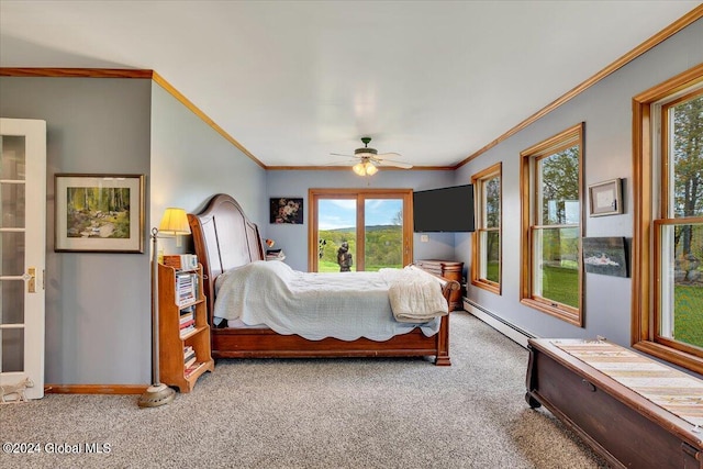 bedroom featuring carpet flooring, crown molding, multiple windows, and ceiling fan