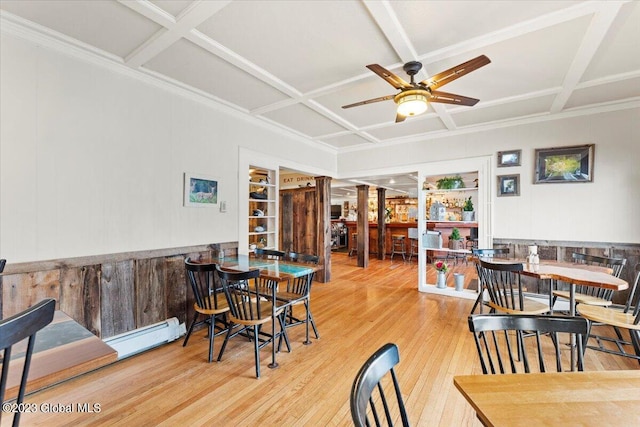 dining room with coffered ceiling, a baseboard heating unit, light hardwood / wood-style floors, and ceiling fan