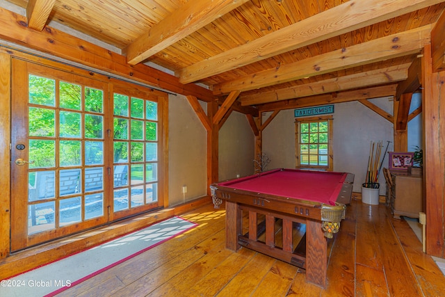 game room featuring wood-type flooring, beamed ceiling, pool table, and wood ceiling