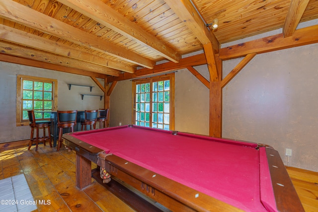 recreation room featuring beamed ceiling, wooden ceiling, pool table, and indoor bar