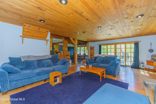 living room featuring wood-type flooring and wooden ceiling