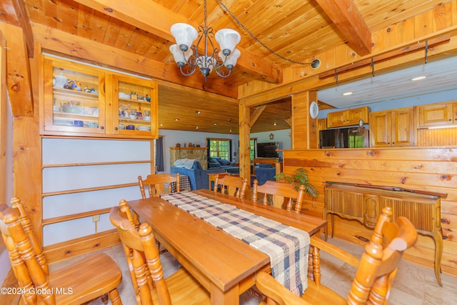 dining room featuring beam ceiling, wood ceiling, and a chandelier