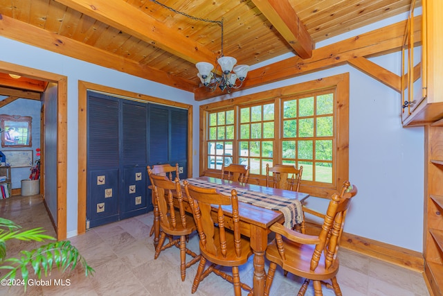 dining space with beam ceiling, a chandelier, wood ceiling, and light tile floors