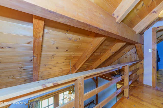 details featuring wood walls, wood ceiling, and wood-type flooring