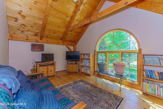 living room featuring hardwood / wood-style flooring, lofted ceiling with beams, and wood ceiling