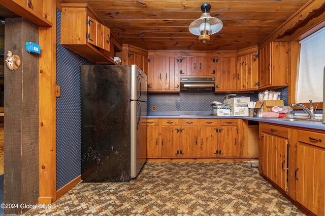 kitchen featuring wood ceiling, sink, and stainless steel refrigerator