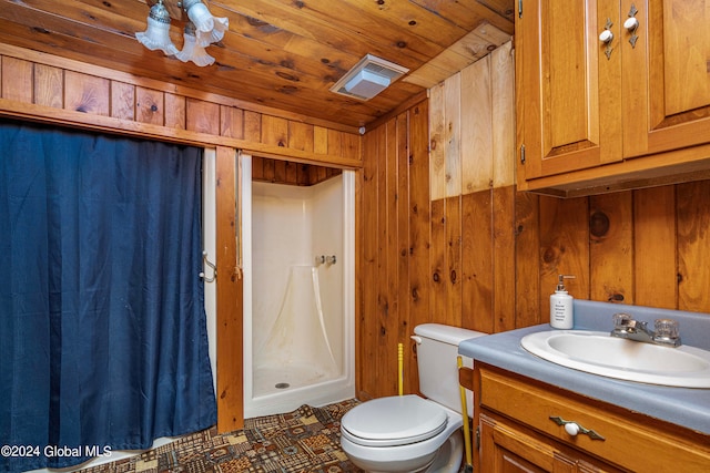 bathroom with vanity, walk in shower, wooden walls, and wood ceiling