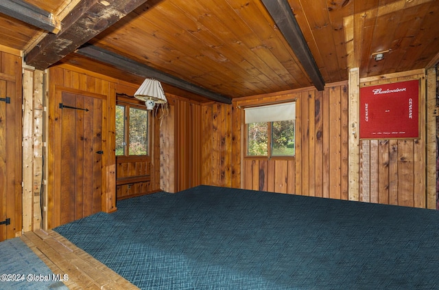 unfurnished room featuring wood walls, beamed ceiling, wood ceiling, and hardwood / wood-style flooring