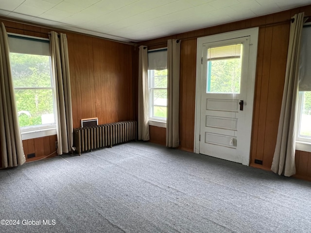 spare room featuring carpet, plenty of natural light, and radiator