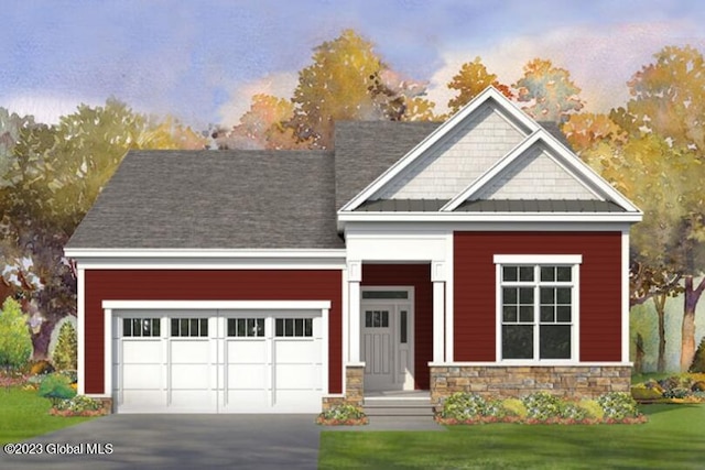 craftsman-style house featuring a garage, a front yard, stone siding, a standing seam roof, and driveway