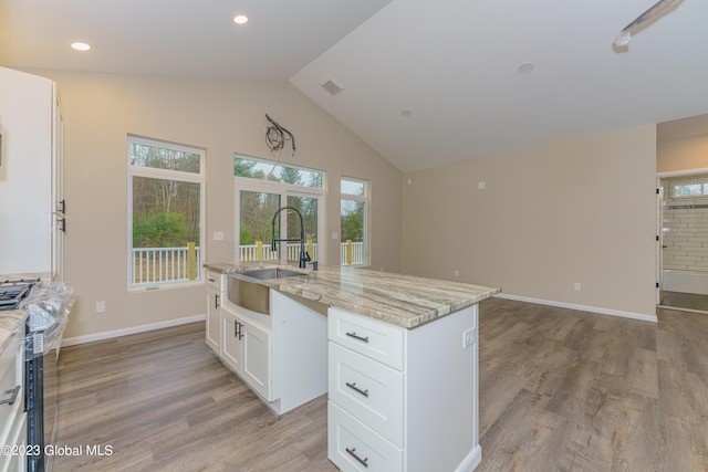 kitchen with white cabinetry, sink, light stone counters, light hardwood / wood-style floors, and a kitchen island with sink