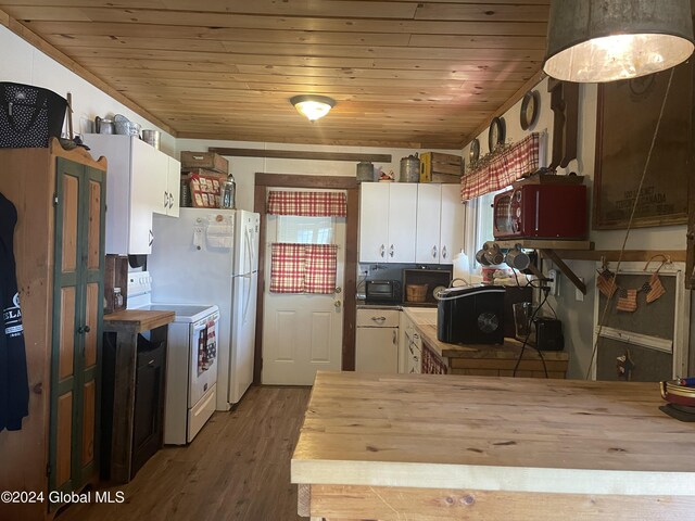 kitchen featuring white cabinetry, electric stove, wood ceiling, and hardwood / wood-style floors