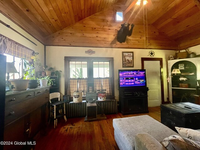 living room featuring lofted ceiling, wood ceiling, dark hardwood / wood-style floors, and radiator heating unit