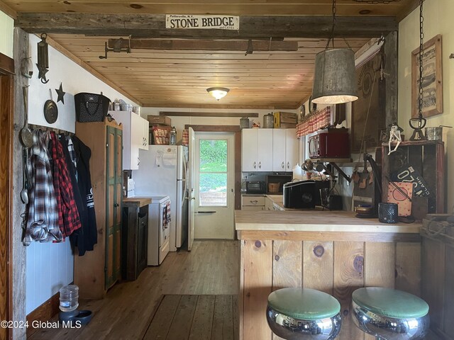 kitchen featuring electric range oven, white cabinetry, wooden ceiling, and hardwood / wood-style floors