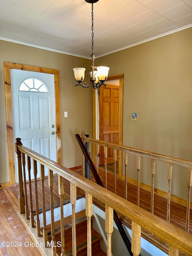 staircase featuring an inviting chandelier, hardwood / wood-style floors, and ornamental molding