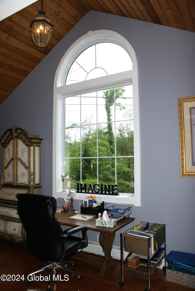 interior space featuring wooden ceiling, wood-type flooring, and vaulted ceiling