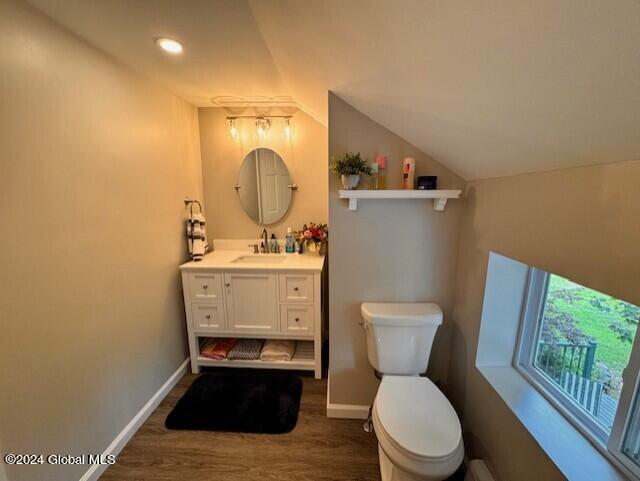 bathroom featuring vanity, hardwood / wood-style flooring, toilet, and lofted ceiling