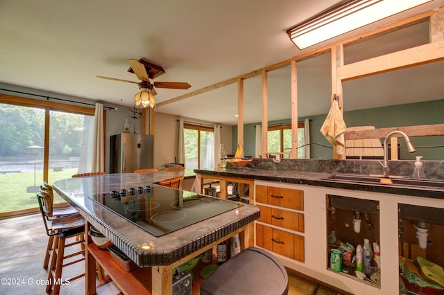 kitchen with plenty of natural light, sink, stainless steel refrigerator, and black electric stovetop