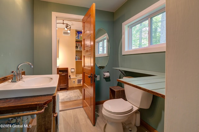 bathroom with vanity with extensive cabinet space, hardwood / wood-style flooring, and toilet