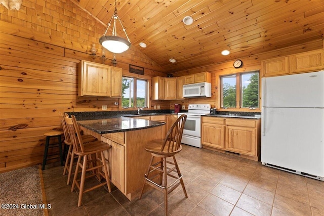 kitchen with tile flooring, white appliances, plenty of natural light, wood ceiling, and sink