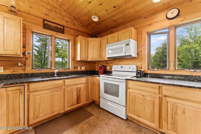 kitchen with white appliances, light tile floors, sink, lofted ceiling, and wooden ceiling