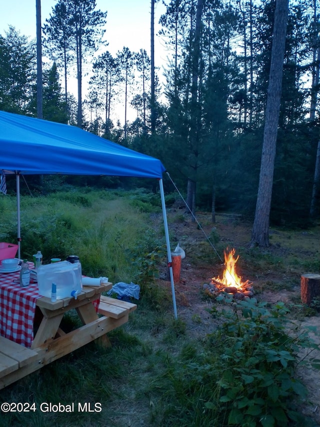 view of yard with a fire pit