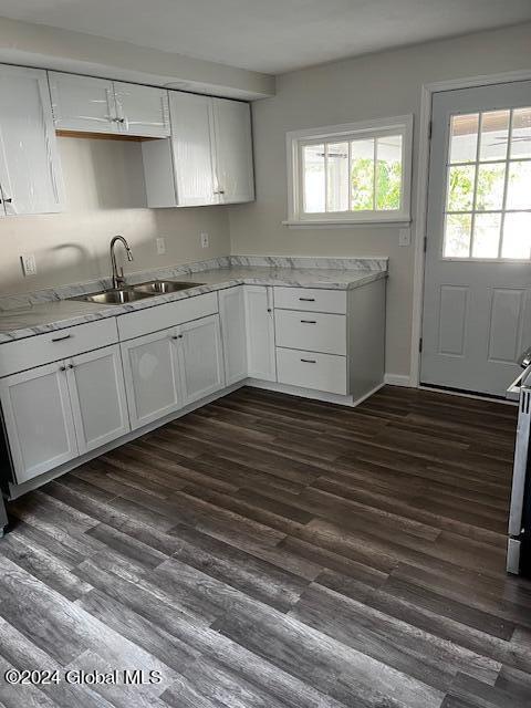 kitchen with white cabinets, dark hardwood / wood-style flooring, light stone counters, and sink