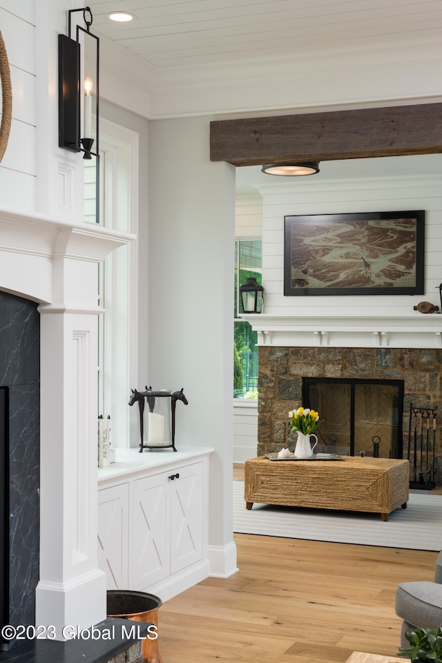 living room featuring hardwood / wood-style floors, a healthy amount of sunlight, and a fireplace