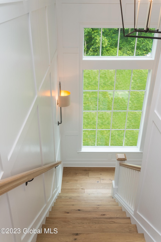 stairs featuring hardwood / wood-style floors